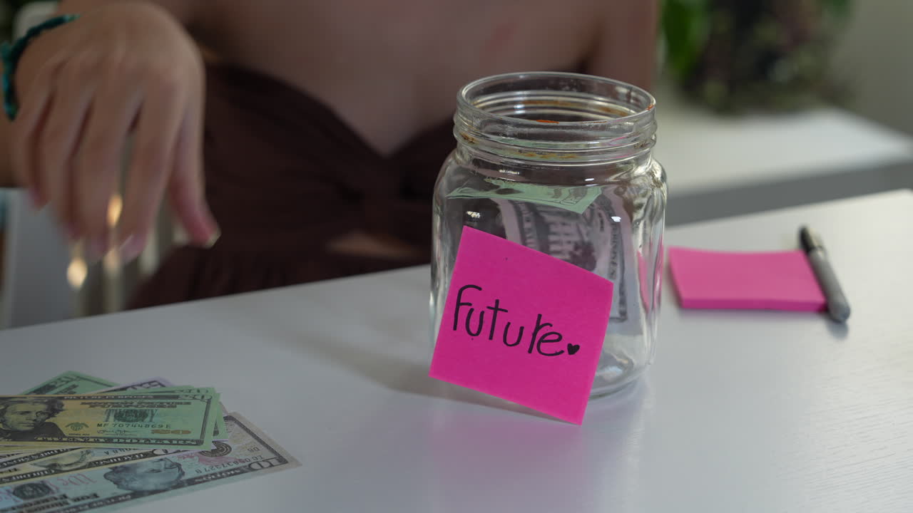 A close-up shot focuses on a jar labeled 'future' surrounded by US currency. The scene conveys a sense of saving and financial planning, captured with soft lighting and a steady camera