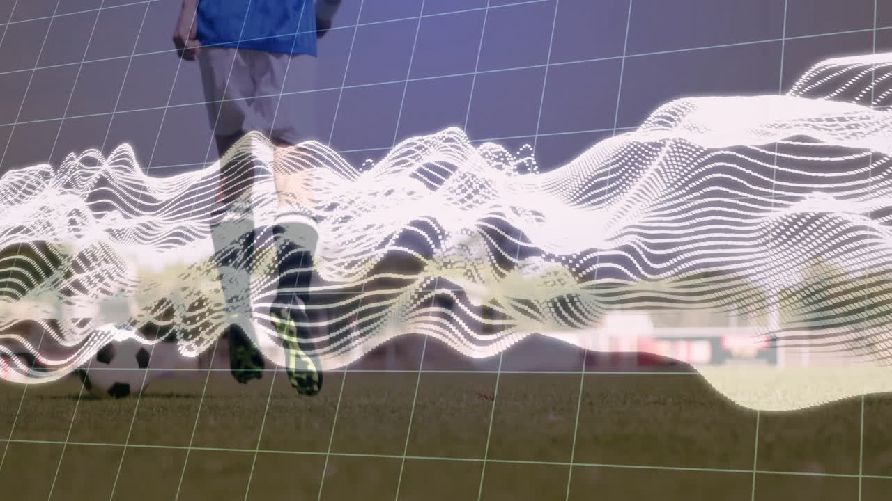 Grid overlay with dynamic wave animation over soccer player on field