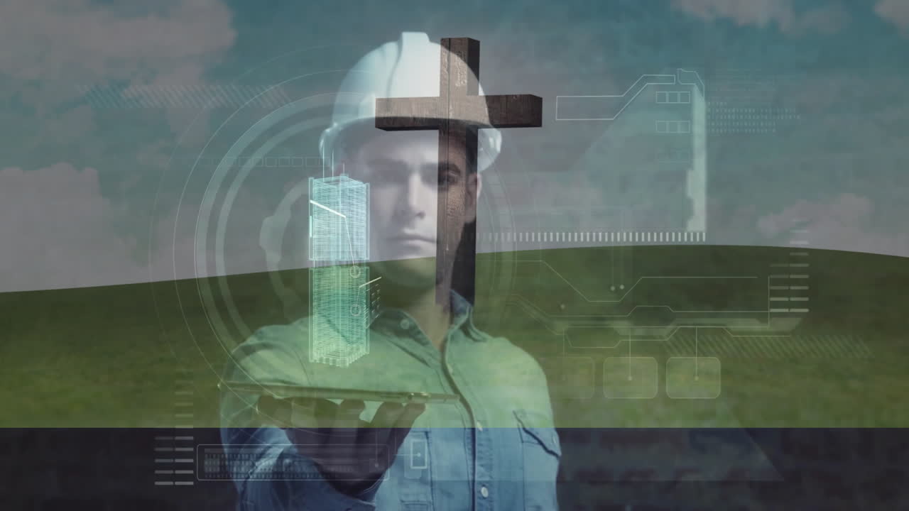 Engineer in hard hat using digital animation interface over landscape