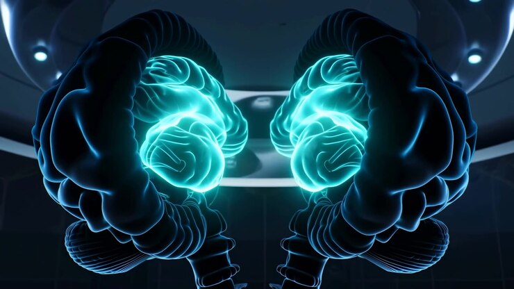 Two brain forms gradually separate as illuminated internal anatomy becomes more exposed, creating a balanced frontal composition with cyan glow, dark surfaces, curved walls, and overhead lights.