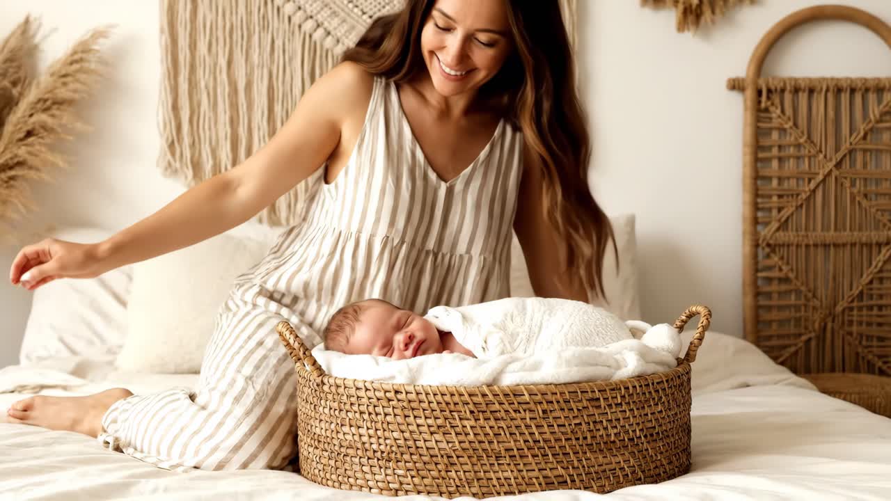Madre e neonato che dormono in un cesto