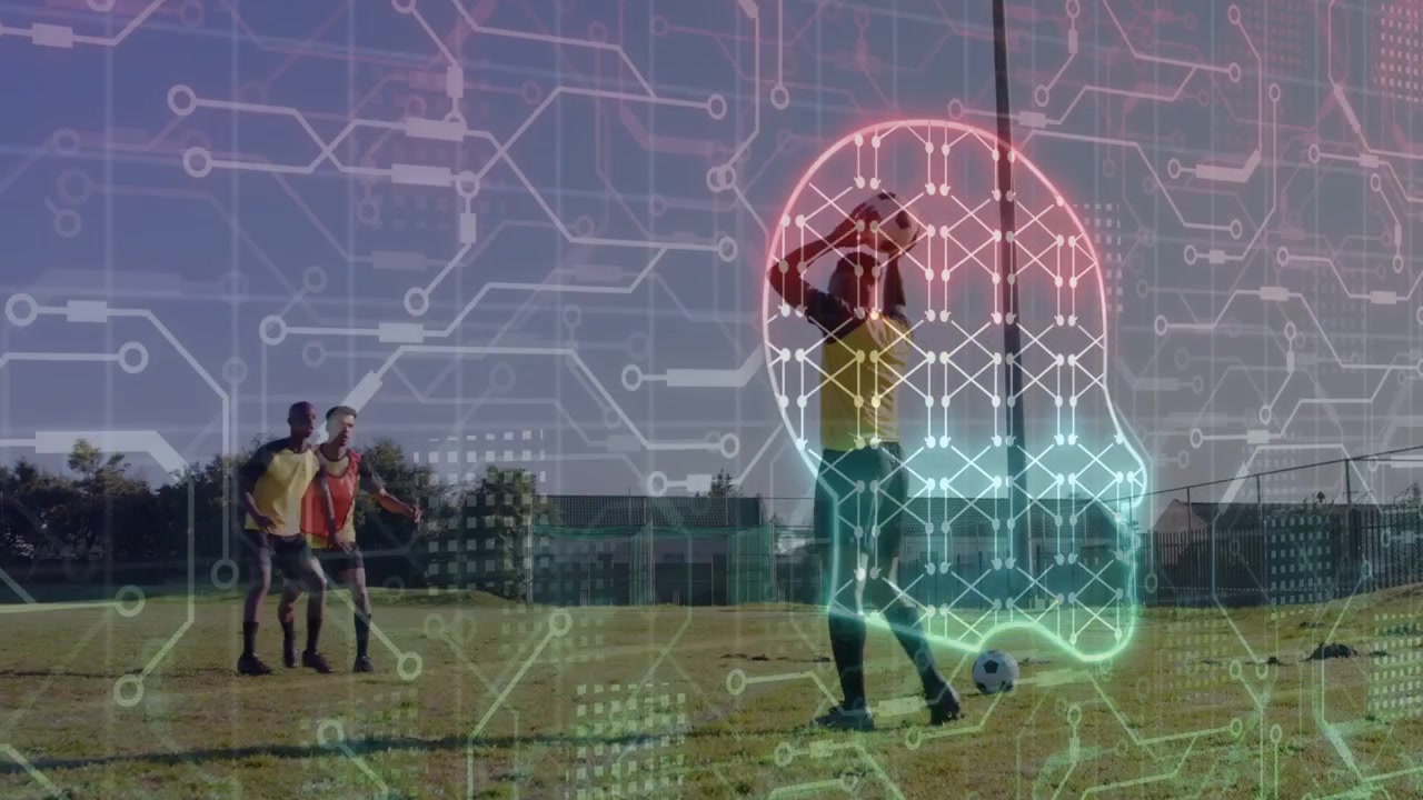 Incoming ball sending player controlling, redirecting during sports drill, neon overlay animating