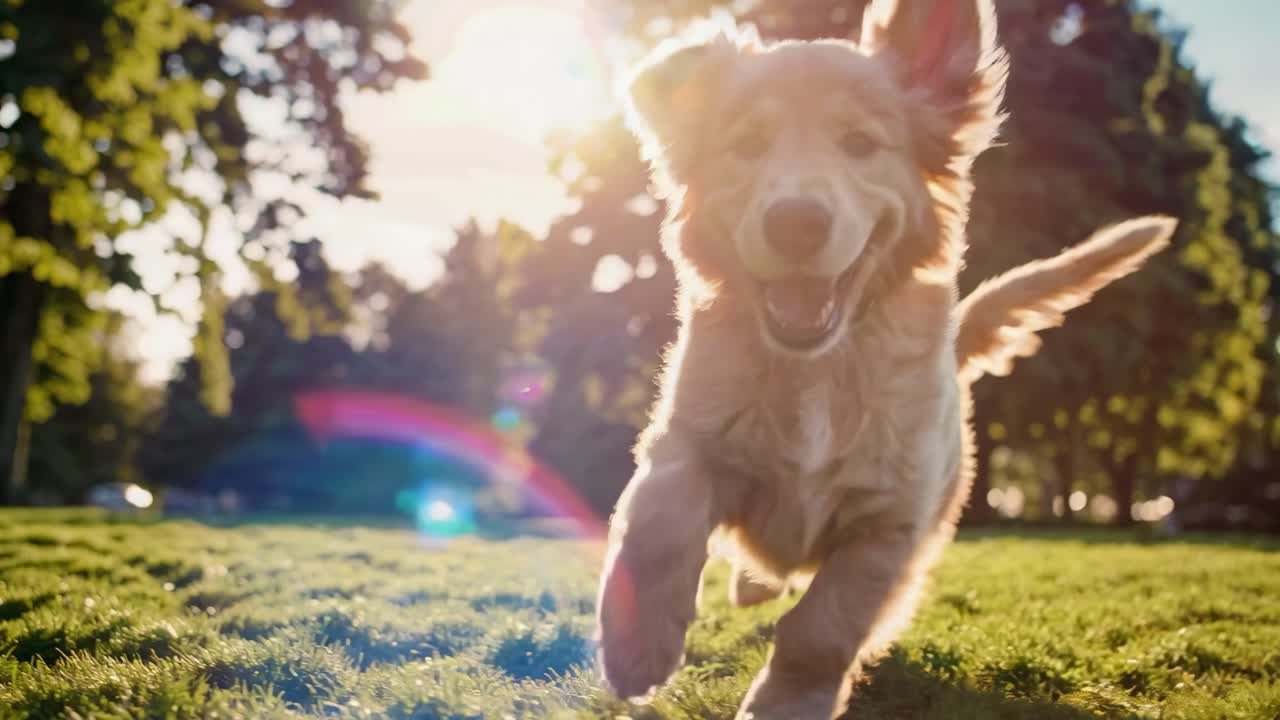 Güneşli bir parkta koşan neşeli bir köpeğin özgürlük ve mutluluk duygusunu yakalayan videosu