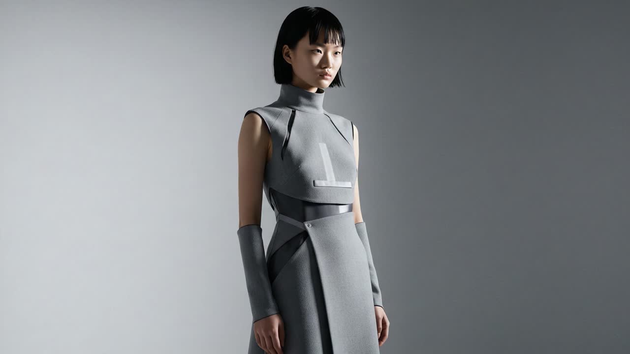 Elegant Fashion Showcase Featuring a Model in a Modern Gray Dress with Unique Cutouts and Structured Design Capturing a Contemporary Aesthetic