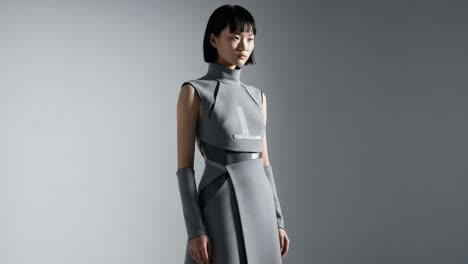 elegant fashion showcase featuring a model in a modern gray dress with unique cutouts and structured design capturing a contemporary aesthetic
