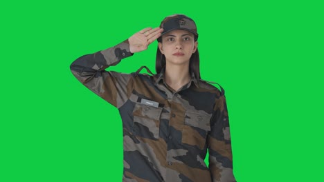 proud indian woman army officer saluting green screen