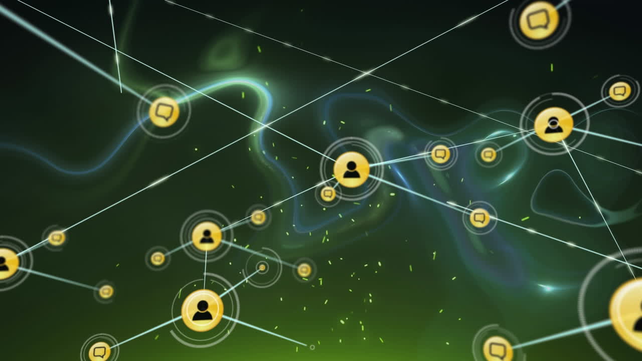 animación de una red de iconos digitales sobre chispas de luz y ondas digitales contra un fondo verde