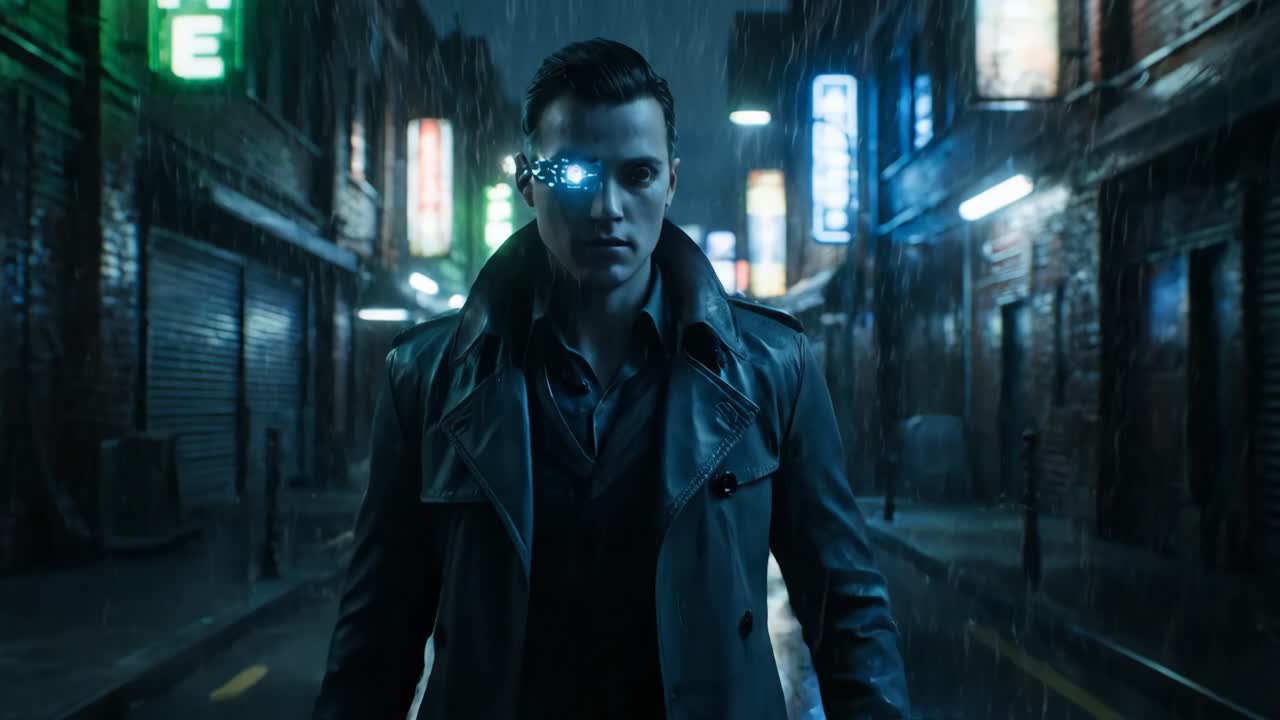 Cyberpunk Man in Rainy Alleyway