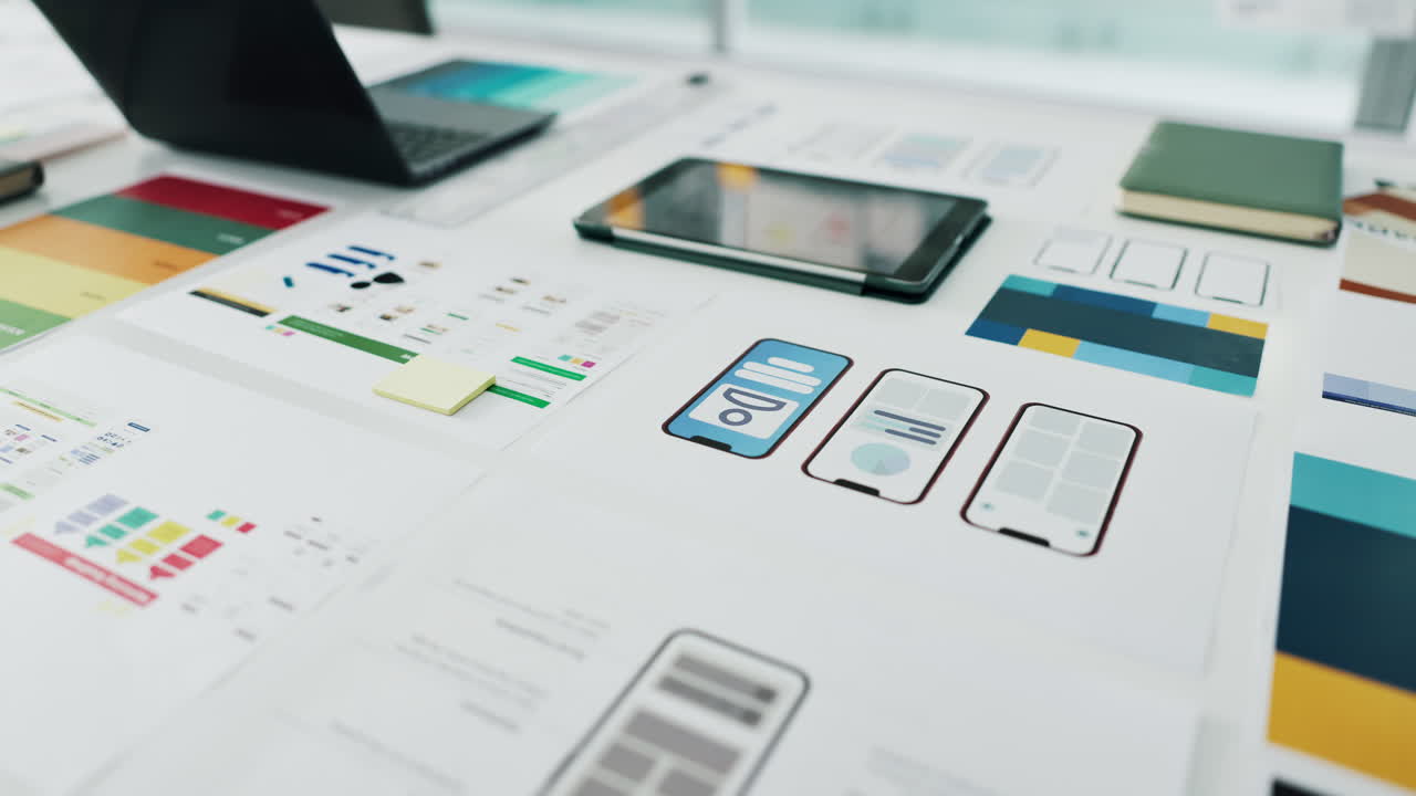 Workspace with Mobile App Design Prototypes