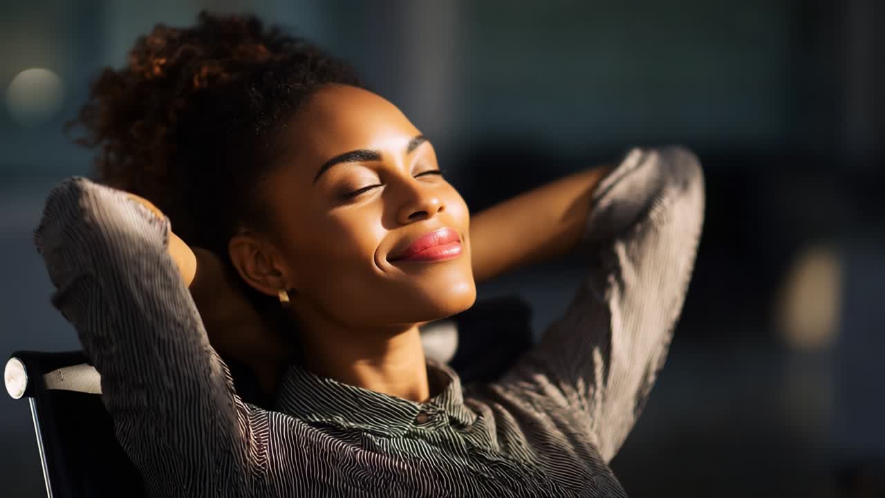 A radiant and joyful woman enjoying a moment of tranquility, basking in soft sunlight while seated comfortably, embodying happiness and serenity in her effortlessly beautiful expression