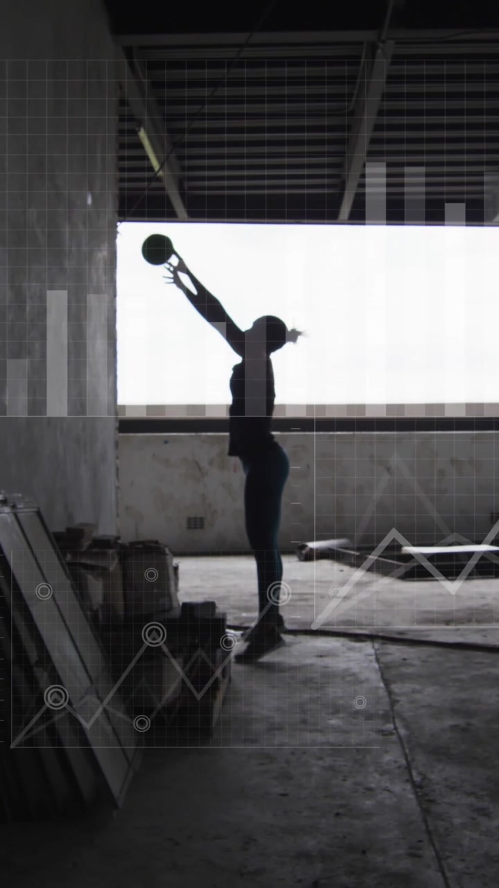 Animación de múltiples gráficos y un mapa sobre la silueta de una mujer haciendo ejercicio con una pelota.