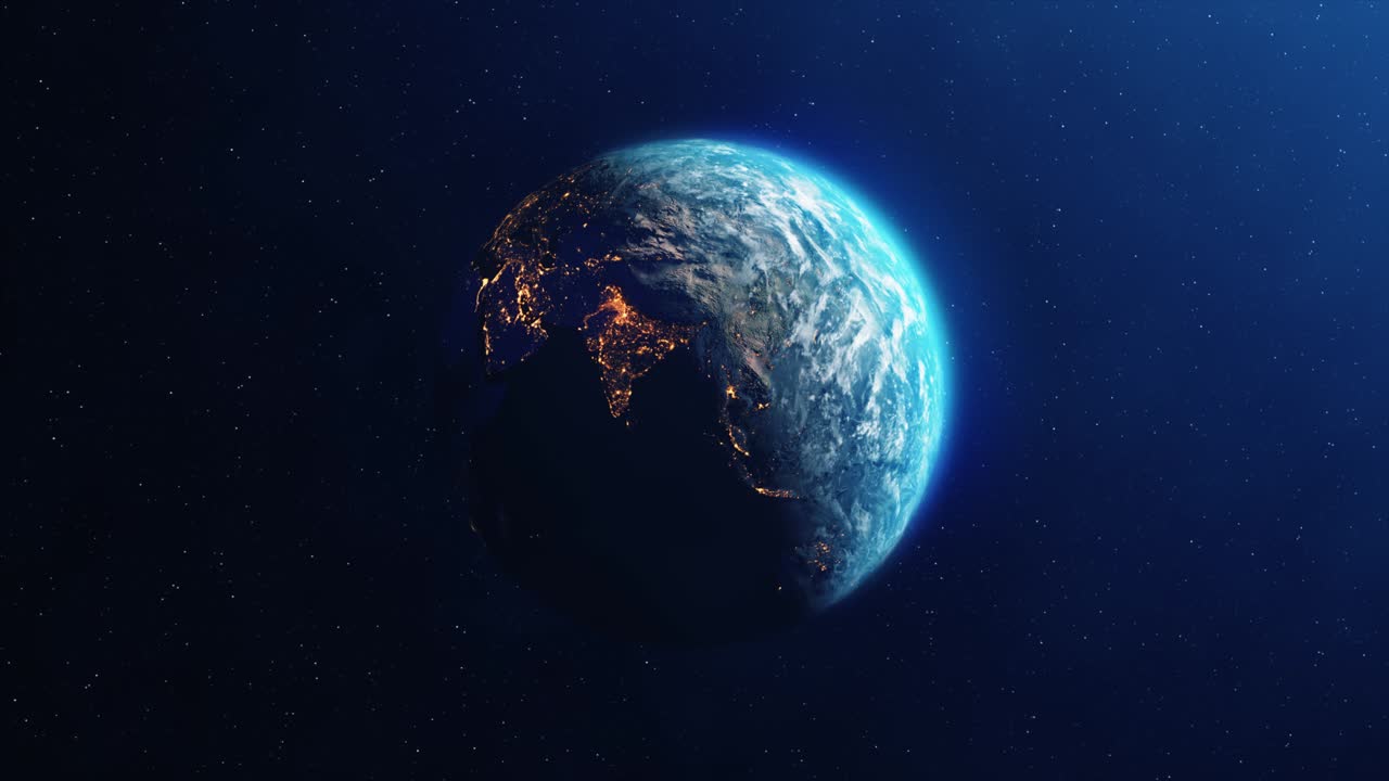 Planet earth slowly rotating day to night concept with bright city lights from space 4k loop