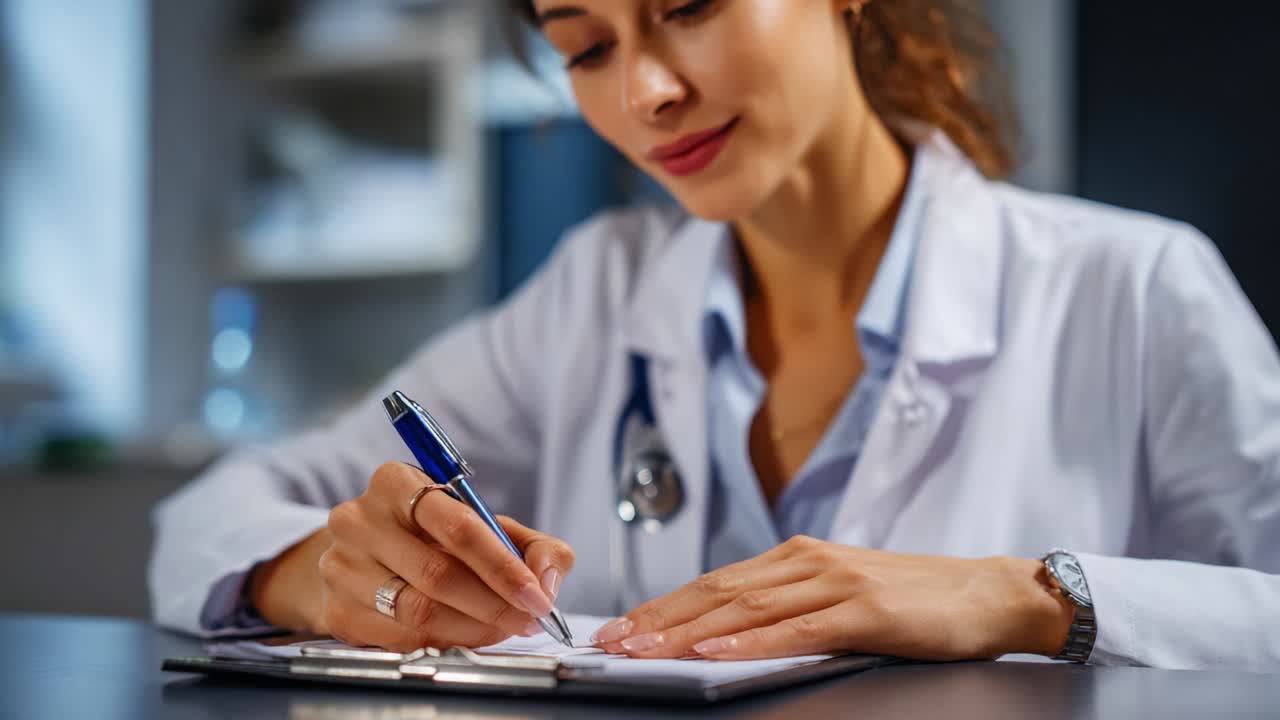 A focused healthcare professional meticulously documenting patient information with a pen in a clinical setting, highlighting the importance of accurate record-keeping in modern medicine and patient care