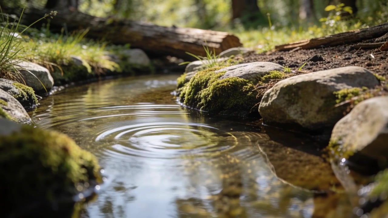 Rippling stream surface sending ringed ripples after disturbance at forest creek with mossy bank