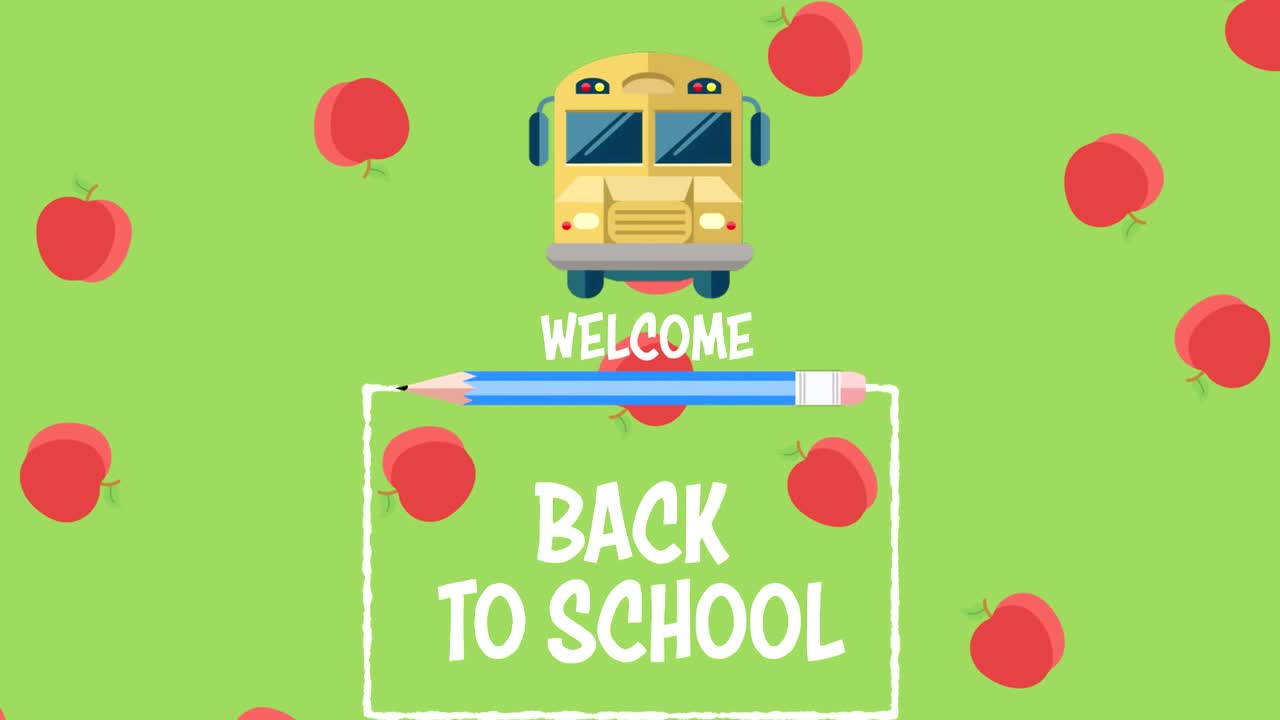 애플 아이콘이 초록색 배경의 학교 텍스트에 환영을 표시하고 있습니다.