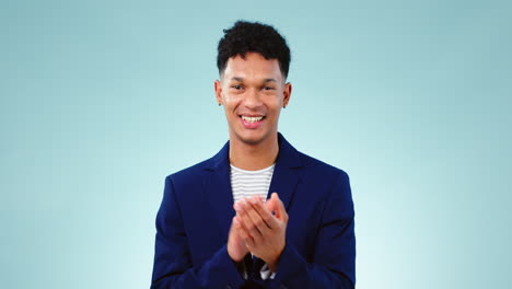 face, clapping and congratulations of happy man