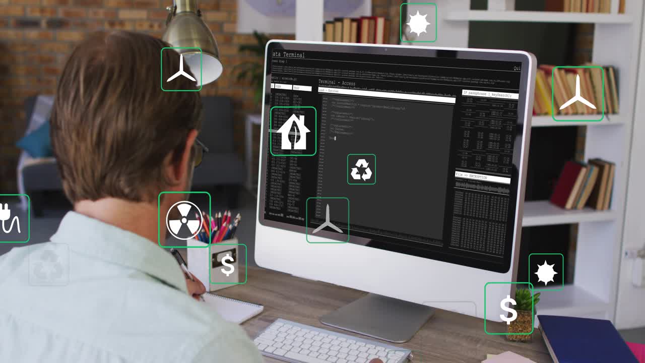 Data analyst opening terminal and scrolling through energy symbols for reviewing eco dashboard