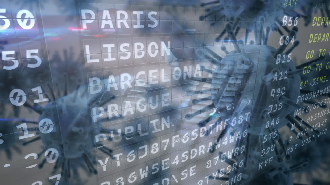 맥로 코로나 바이러스가 배경에 출발 디스플레이와 함께 퍼지고 있습니다.