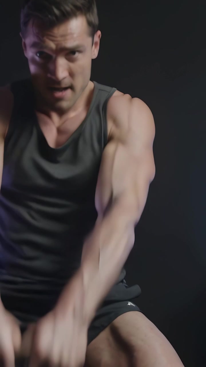 Video verticale: Uomo che inizia la spinta dell'anca, eseguendo swing con il kettlebell in uno studio buio, indossando una canotta.