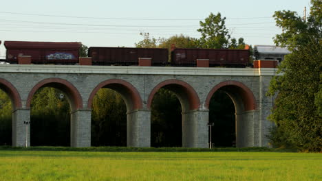 un viaducto ferroviario en medio de un campo por el que pasa un tren de mercancías