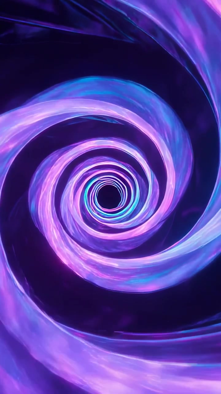 Vertical video: Starting glowing spiral tunnel closing in space, ribbons, black void pulling viewer