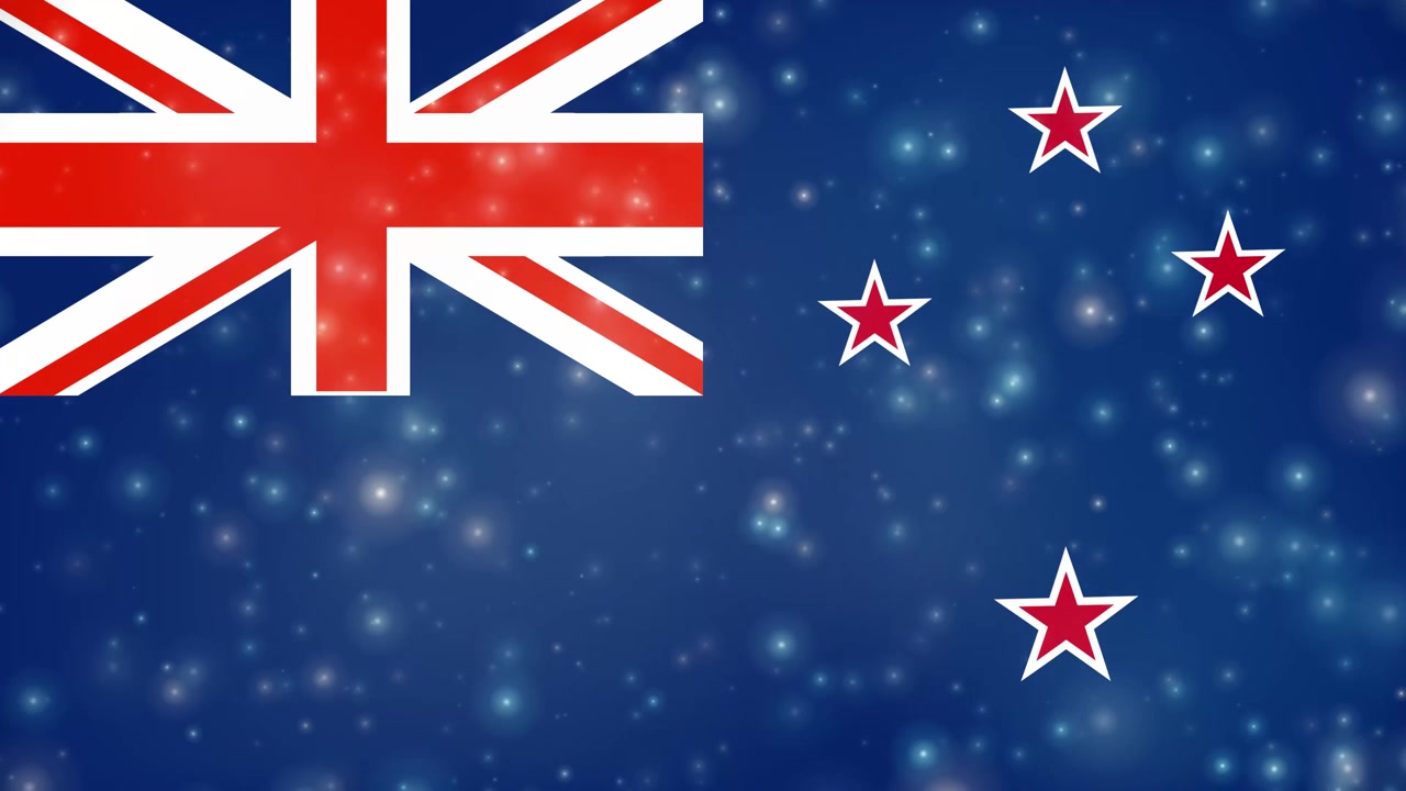 Fondo de la bandera de Nueva Zelanda con partículas mágicas brillantes flotando hacia arriba en un bucle de 30 segundos