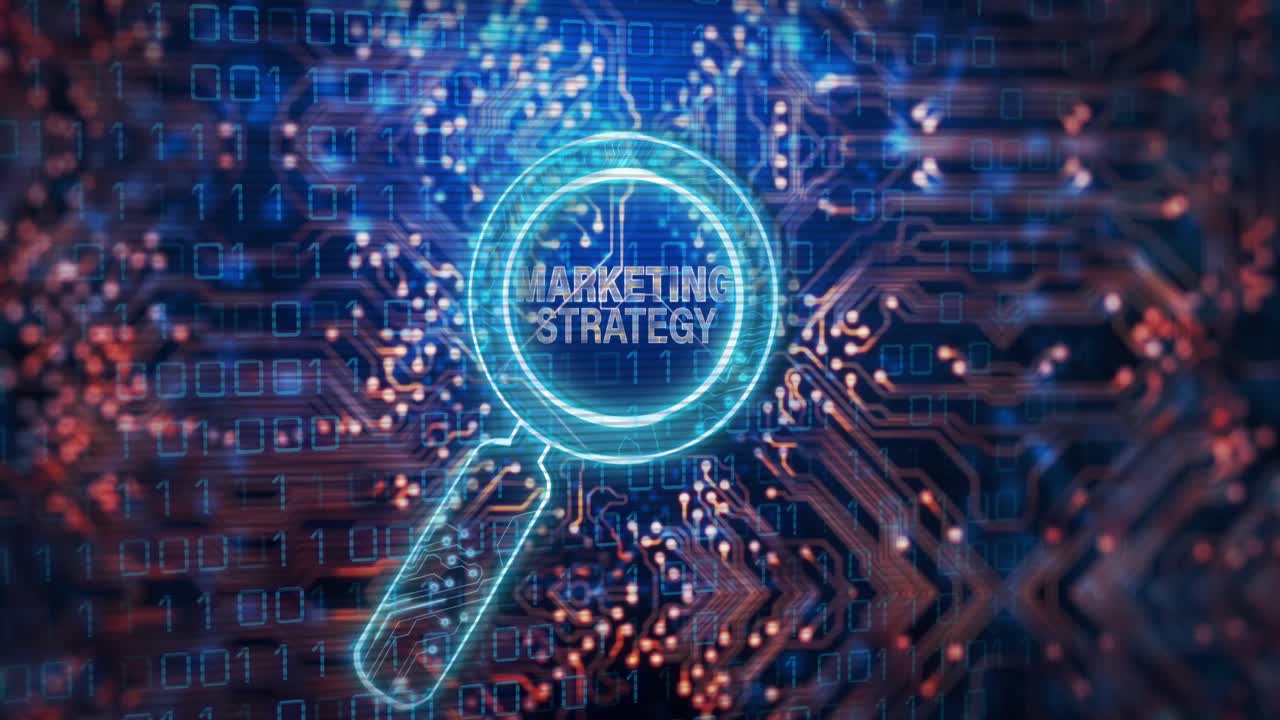 Animasjon av tekst om markedsføringsstrategi over leseglass og databehandling