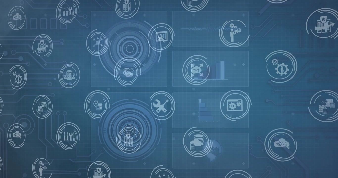 Animation of tech icons and motherboard on green digital screen