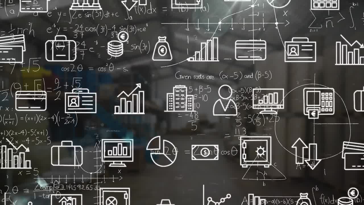 animación de iconos de negocios sobre ecuaciones matemáticas