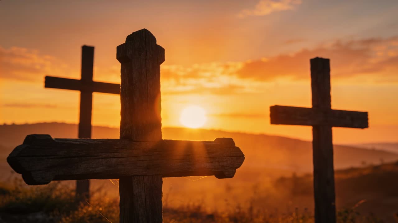 Il sole nascente illumina una croce di legno centrale usurata e due croci in cima alla collina, aggiungendo una foschia dorata