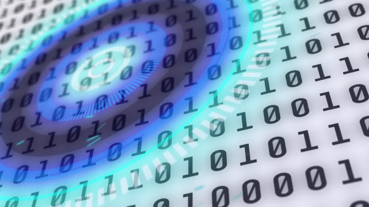 animación de escáner circular azul y procesamiento de datos binarios sobre fondo blanco.