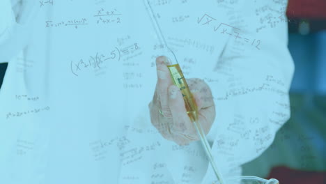 animation of mathematical equations over caucasian male scientist working in lab