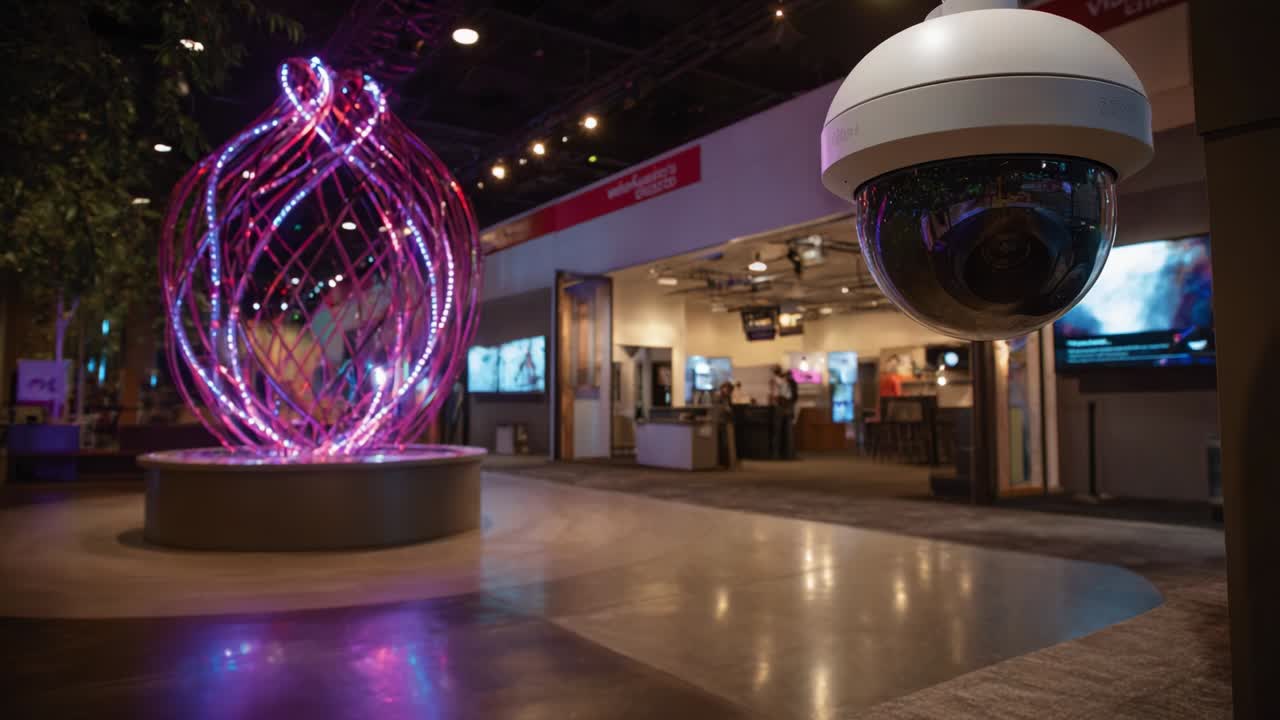 Innovative Technology Display Featuring a Modern Surveillance Camera Overlooking a Vibrant Light Installation at an Engaging Exhibition Space, Capturing the Essence of Contemporary Design and Security