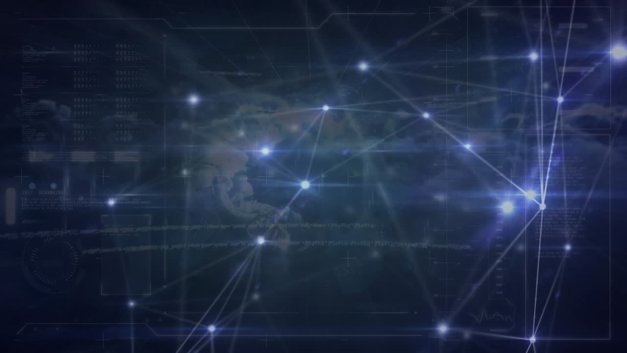 animación de redes de conexiones con iconos y globo sobre el cielo