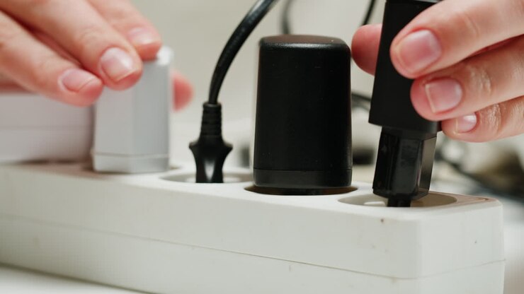 White power strip with many various of cords and cables in close-up. An extension cord with many power sockets. Adapter with phone, headphones, usb connectors.Tangled wires on table. Trying to untangle many messy cables.