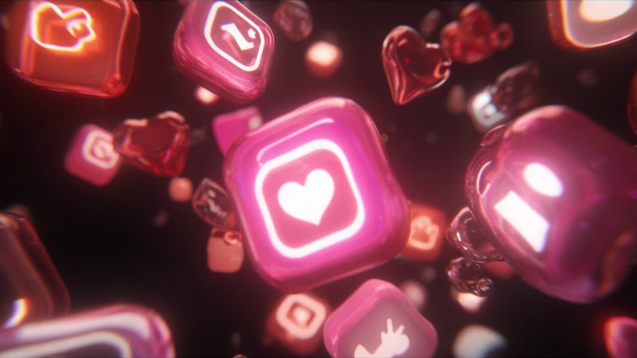 A Vibrant Fantasy of Social Media Icons, Featuring Heart-Shaped Symbols Floating in a Digital Space, Emphasizing Connection, Emotion, and Modern Communication