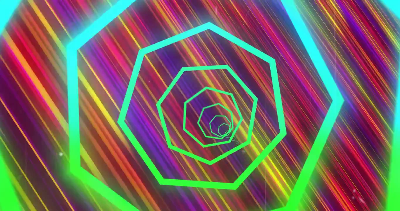 Anelli neon concentrici che si allontanano, mentre strisce luminose inclinate formano un tunnel ipnotico per i creatori di tecnologia.