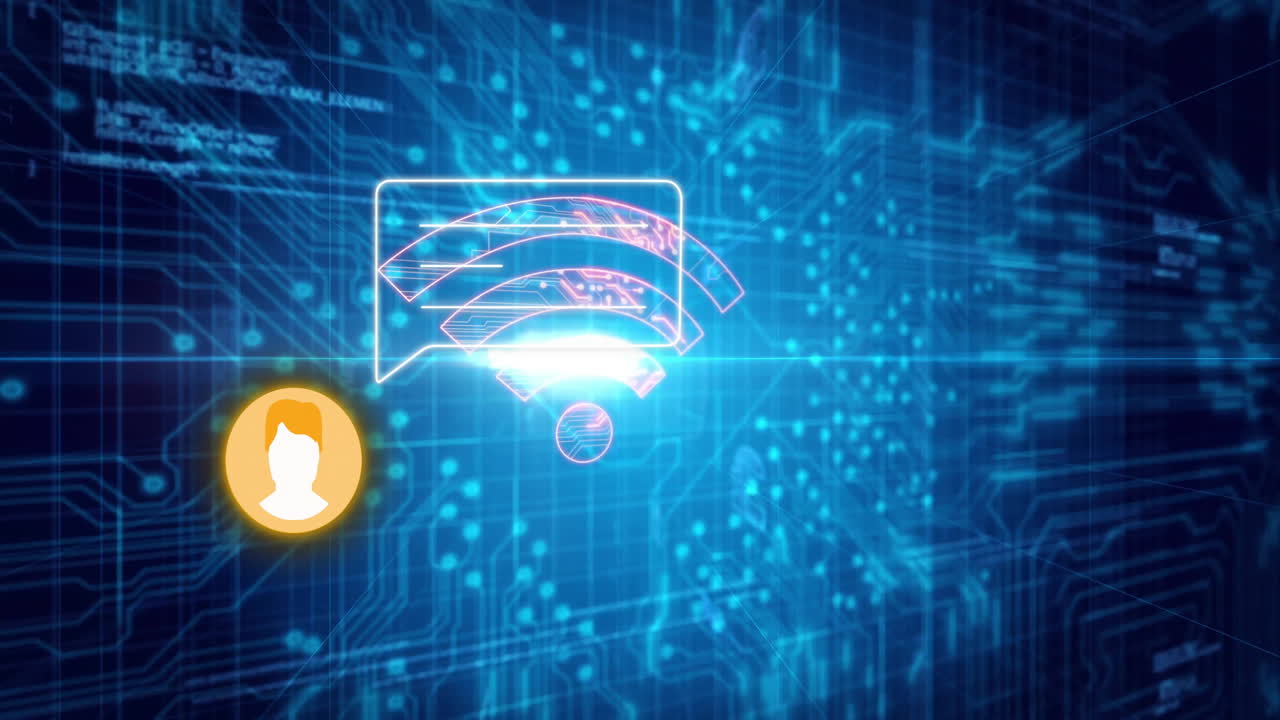 Glowing chat bubble with user icon on blue background for digital animation