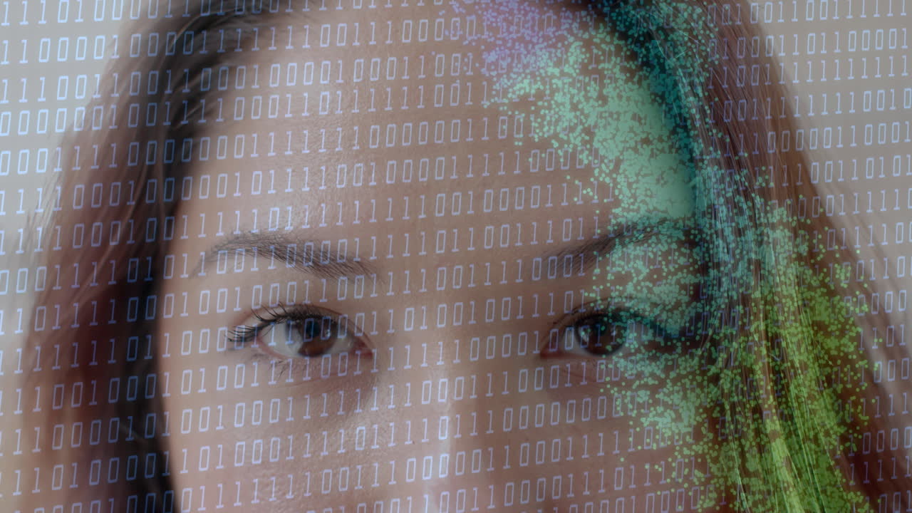 Binary code animation overlaying close-up of woman eyes, focusing on technology