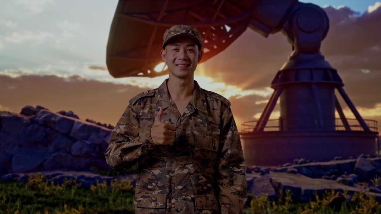 Asian Man Soldier Smiling And Showing Thumbs Up Gesture While Standing With Satellite Dish