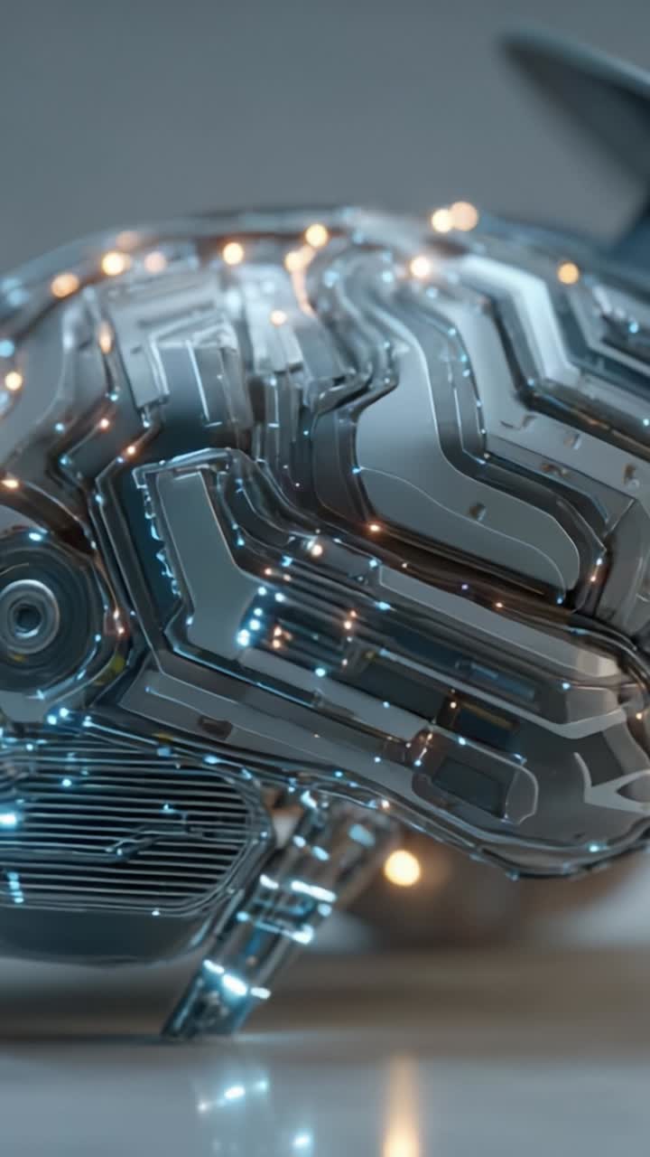 Futuristic Cybernetic Design: A Close-Up of a Sleek Metallic Head with Intricate Circuit Patterns Enhanced by Glowing Lights and Distinctive Features