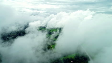 los vivos prados verdes y exuberantes vecinos con bosques que crecen a ambos lados de la carretera se ven detrás de las nubes mientras vuelan por encima