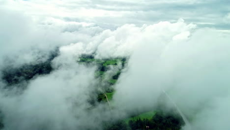 vivid lush green meadows neighbouring with forests growing on both sides of the road are seen behind the clouds while flying above