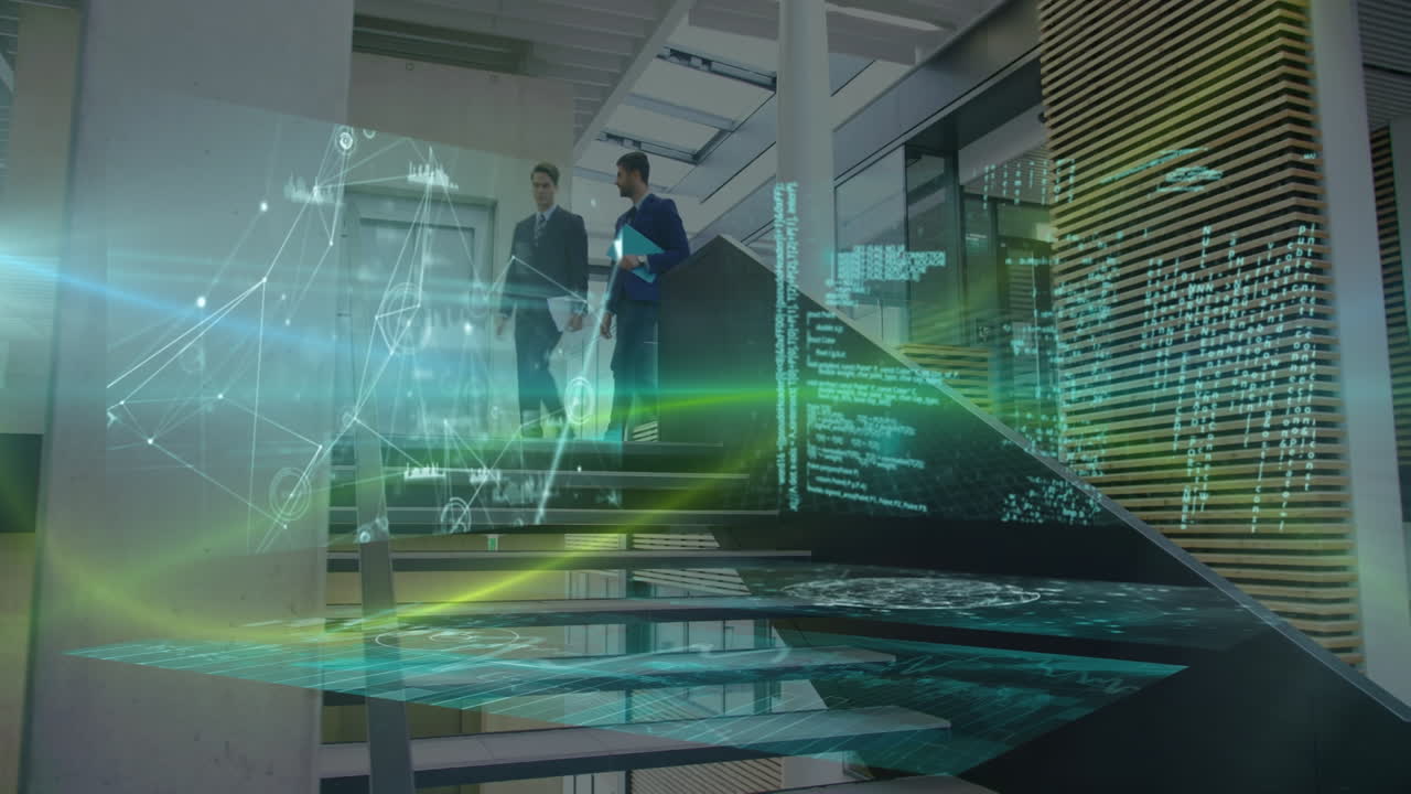 анимация обработки финансовых данных над различными деловыми людьми в офисе