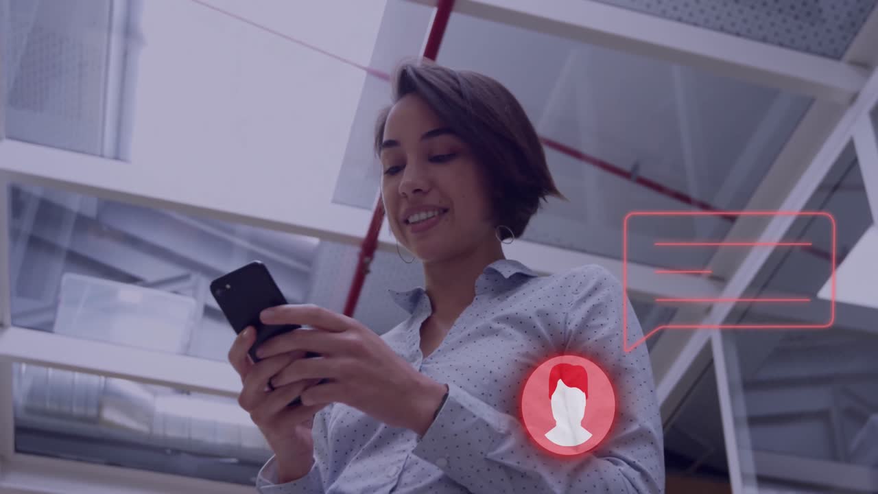 Animation of social media icons and data processing over biracial woman using smartphone