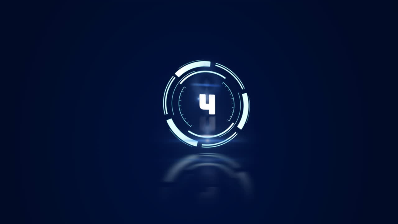 Countdown animation with futuristic circular design and number five on dark background