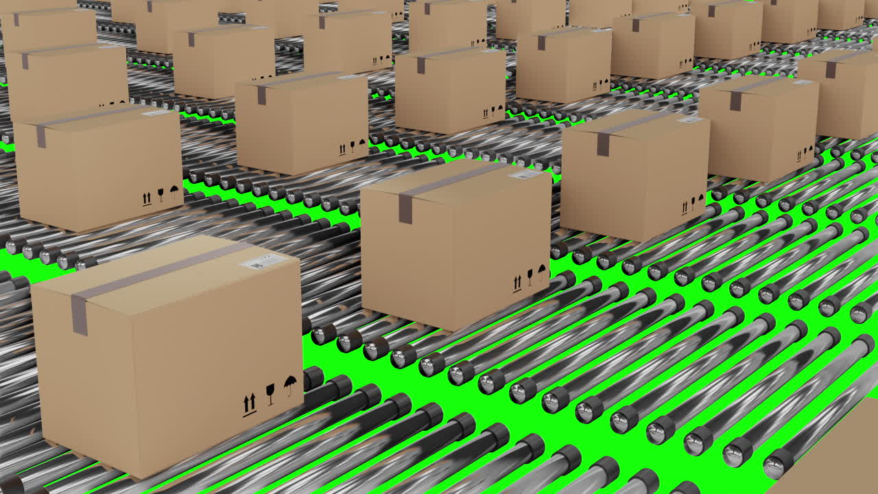 녹색 스크린 배경 을 가진 컨베이어 벨트 에 움직이는 카드보드 포장 상자 의 줄
