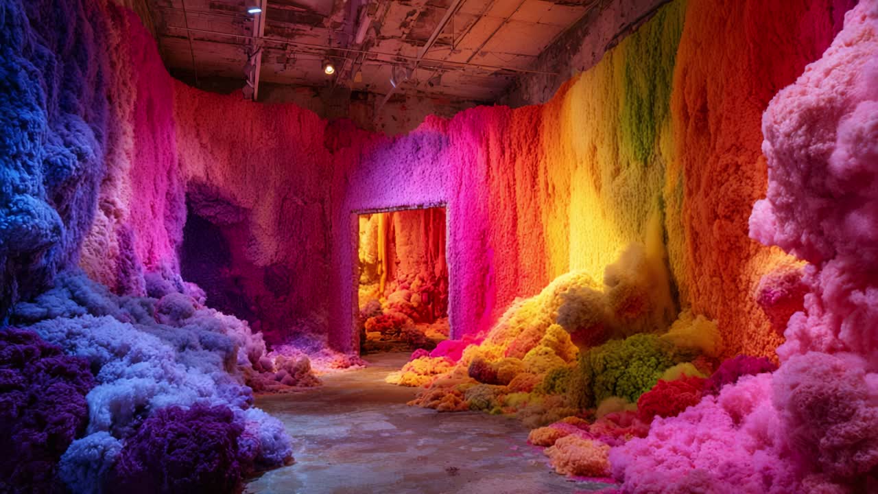 A Vibrant Escape: An Immersive Experience Amongst Iridescent Colors and Textures in a Whimsical Space Full of Dreamy Hues and Surreal Aesthetic Charm