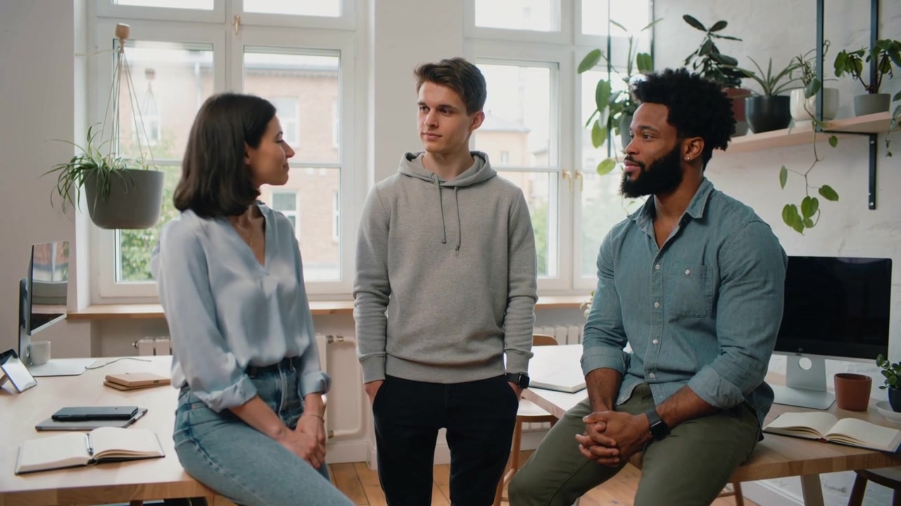 Starting man in teal speaking, coworkers listening with woman in blue top at desks discussing work