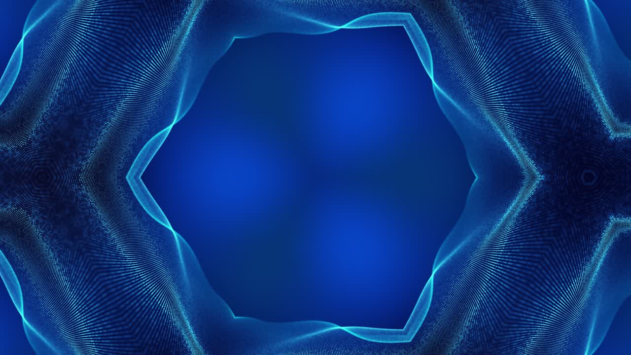 el fondo azul abstracto de 4k de partículas de brillo forma líneas curvas, superficies estructuras simétricas como en el holograma caleidoscópico. tema abstracto de ciencia ficción con ondas de partículas.